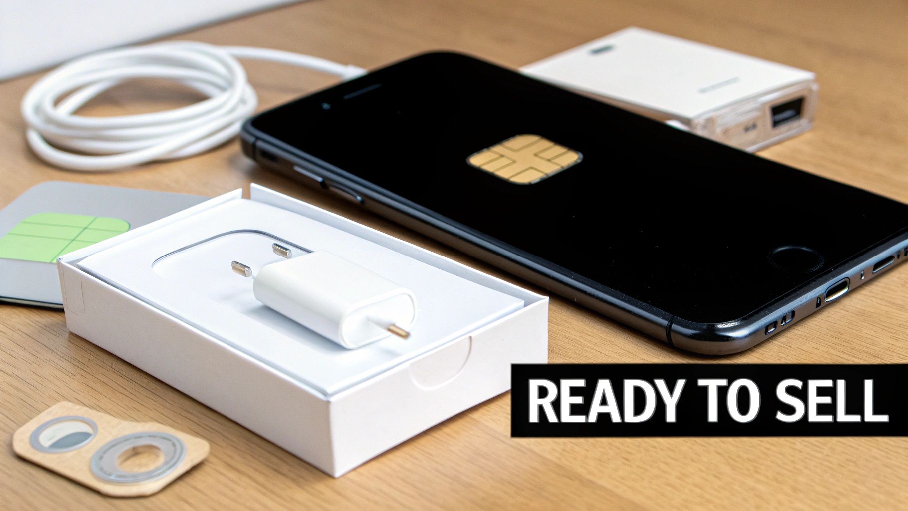 A person taking a photo of an iPhone with its original box and charger.