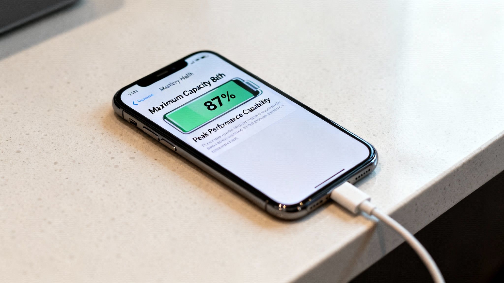 An iPhone displaying its battery health screen with 87% maximum capacity, charging on a white countertop.