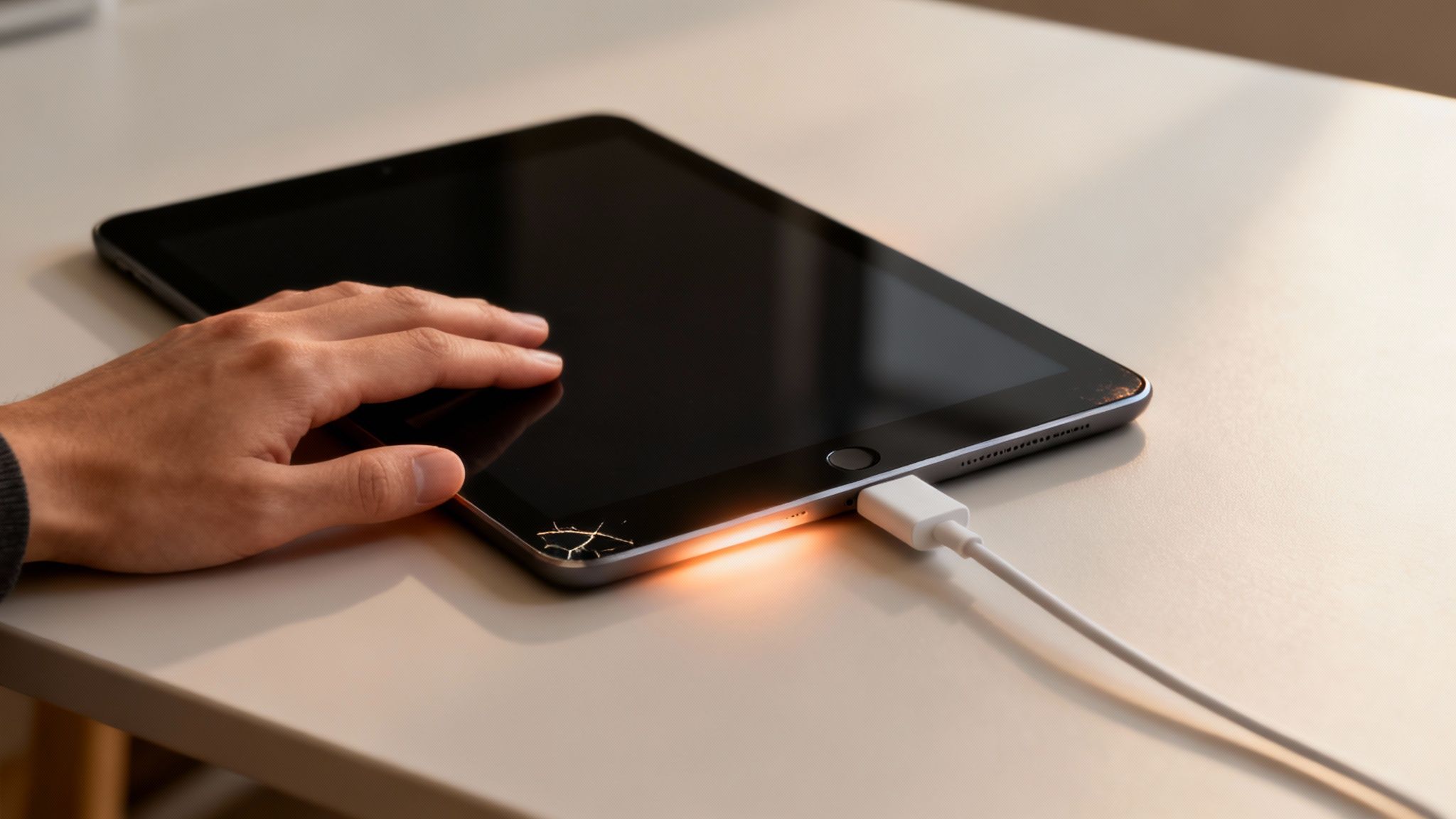 A person's hand touches a black tablet with a cracked screen, plugged into a glowing charger.