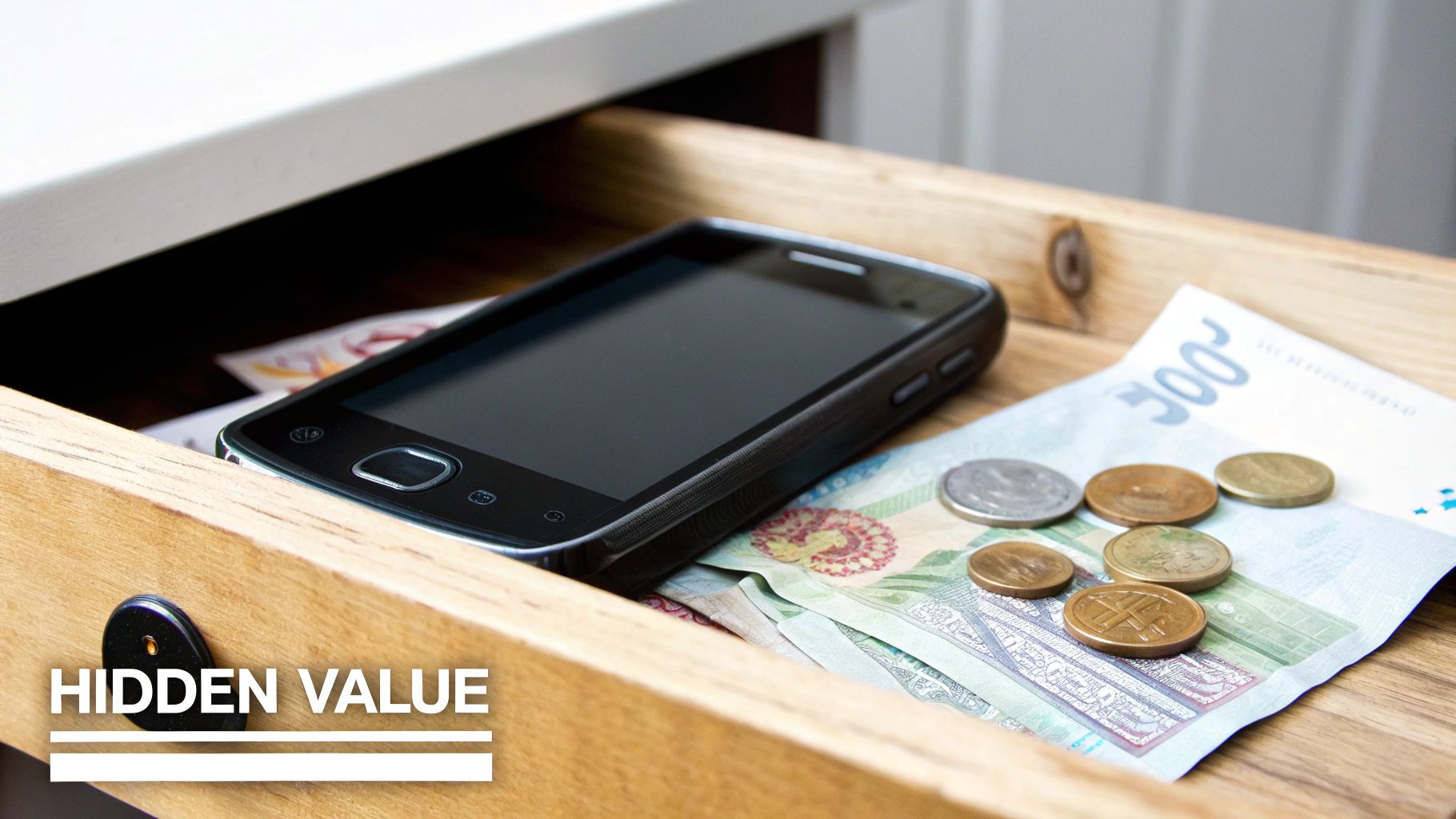 A person holding an old smartphone with a glowing pound sign above it, symbolizing its hidden value.