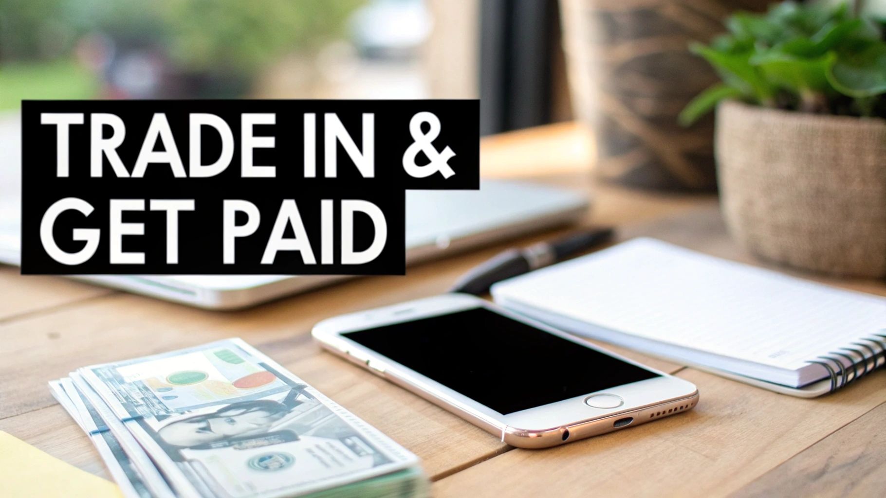 An iPhone being held up with cash behind it, representing the value of trading in the device.