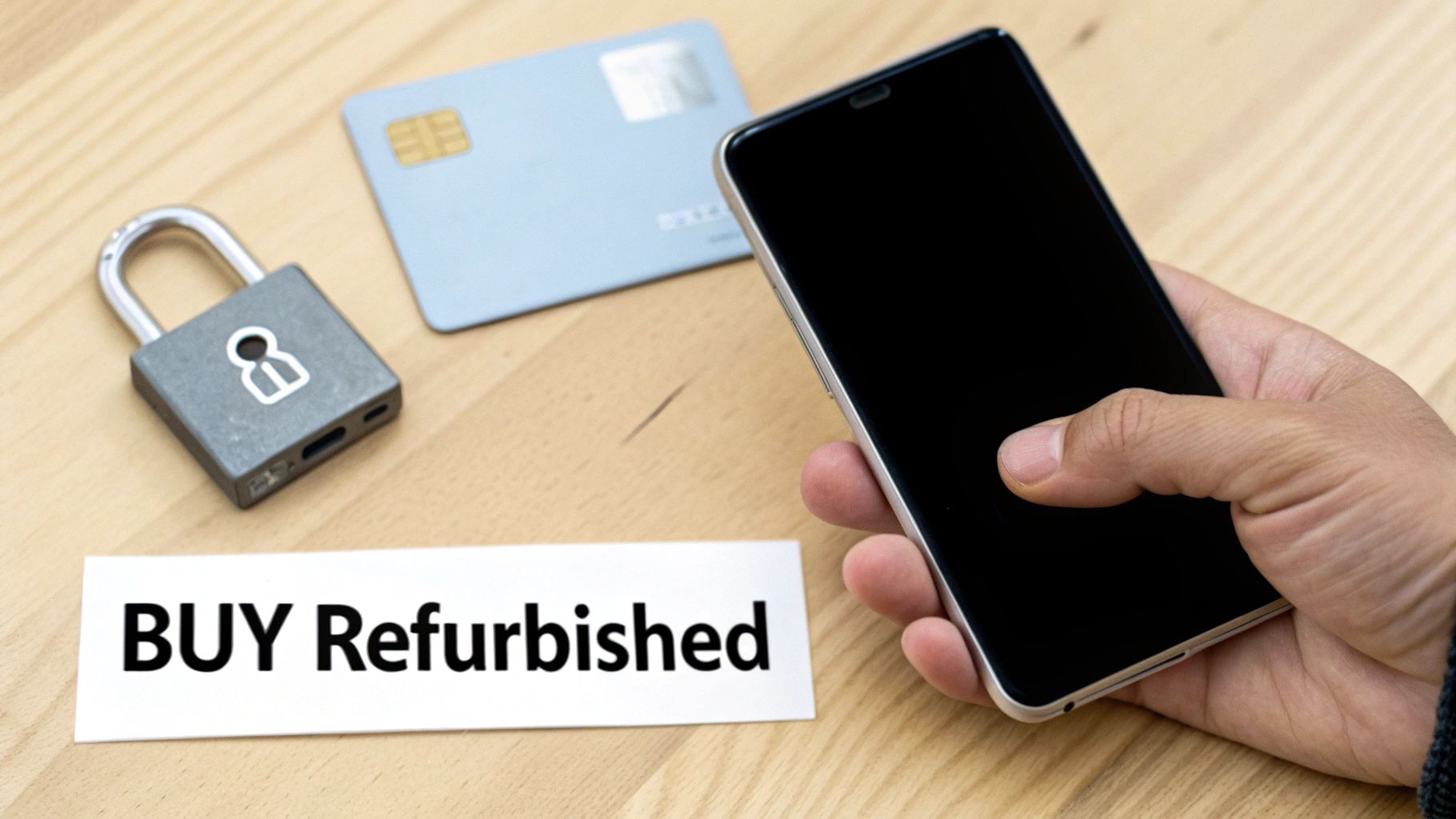 A person carefully inspecting a refurbished smartphone, checking its SIM tray.