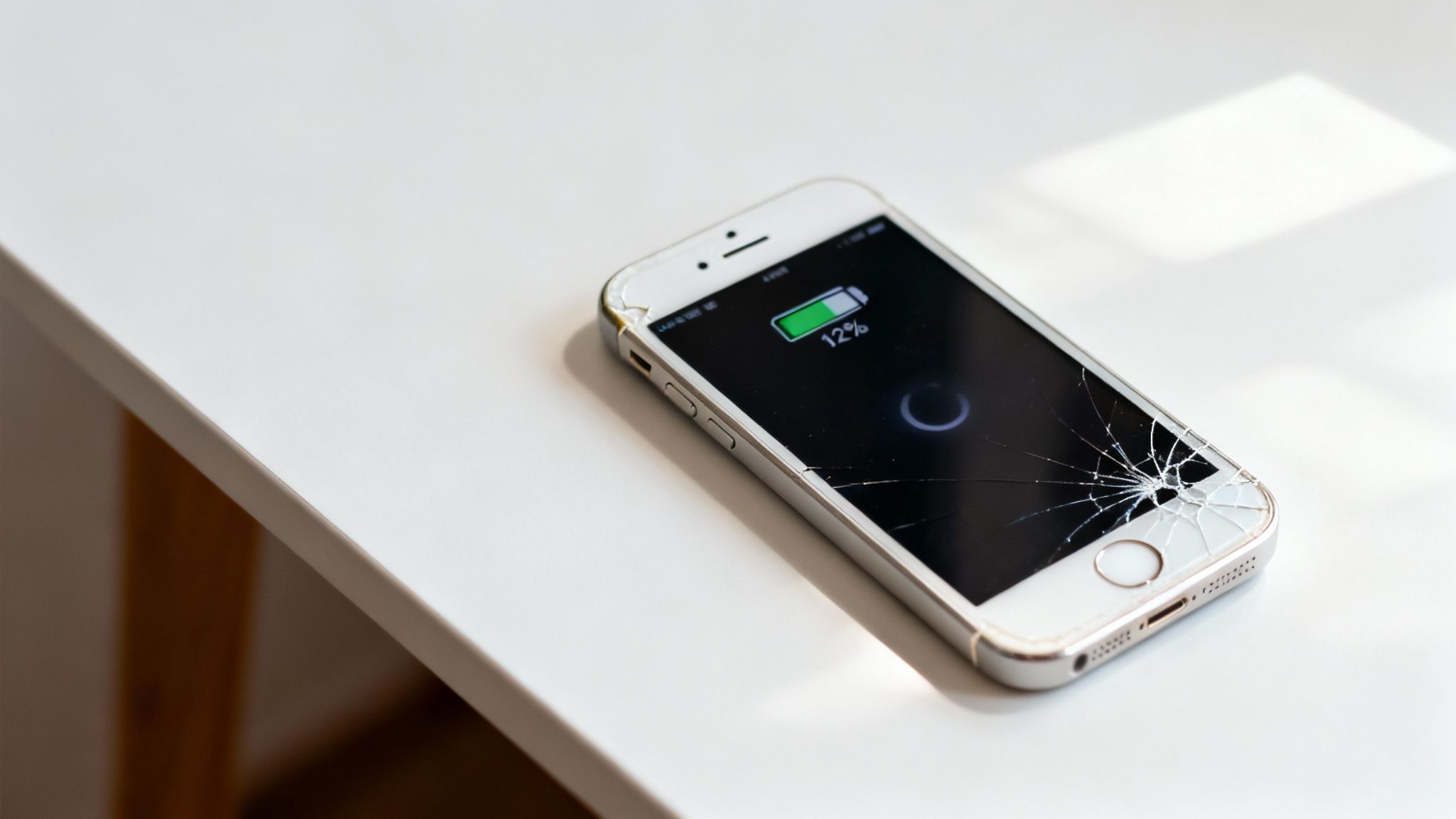 A silver and white iPhone with a severely cracked screen displays 12% battery on a white table.