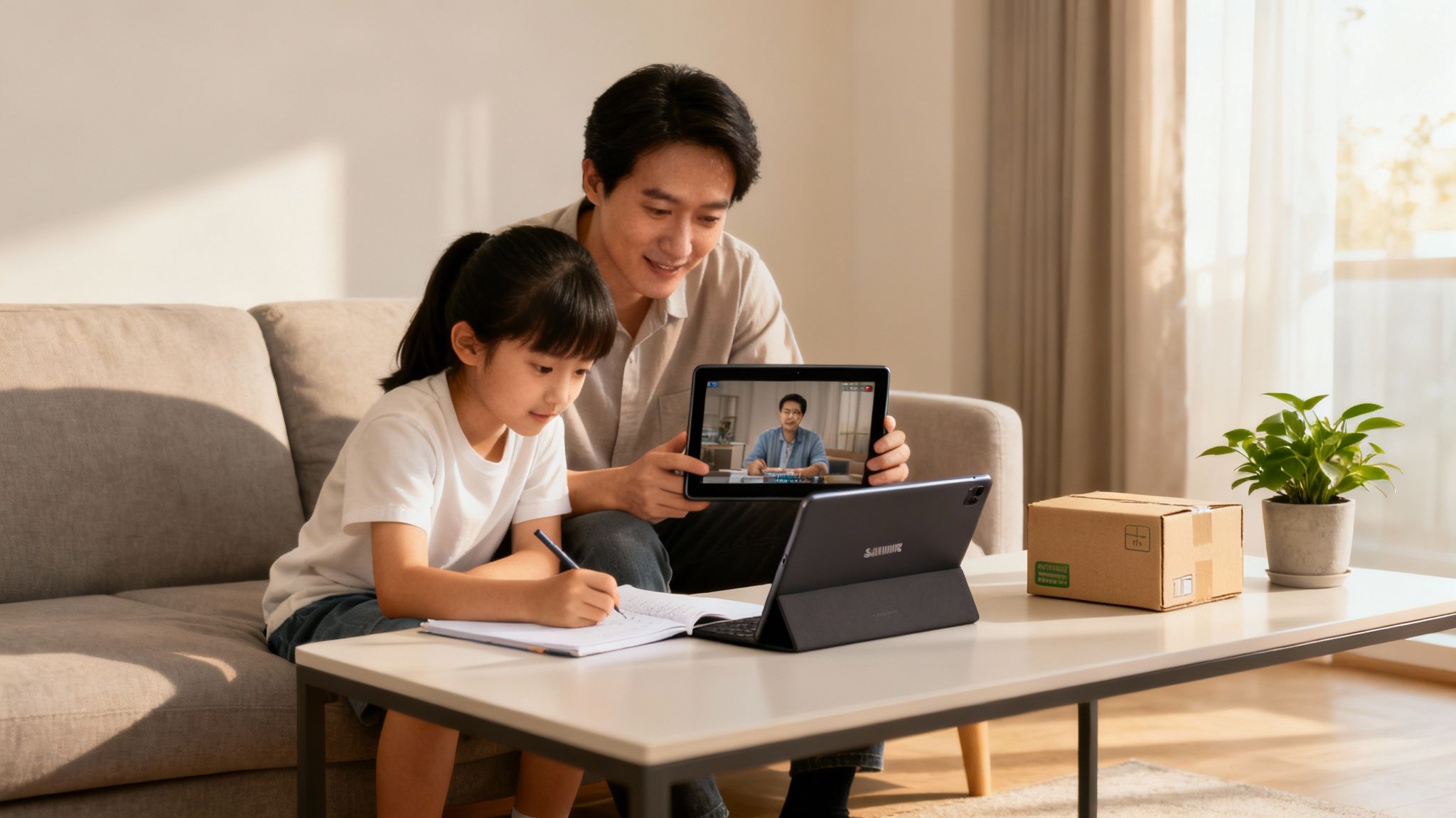 A father and daughter learn together, with the father holding a tablet showing an online lesson.