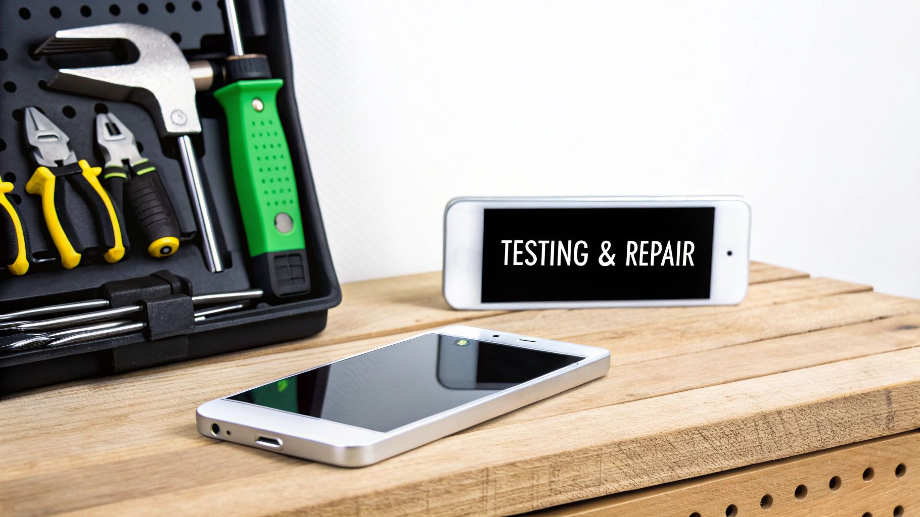 Technician at a workbench carefully inspecting the internal components of a smartphone during the refurbishment process.