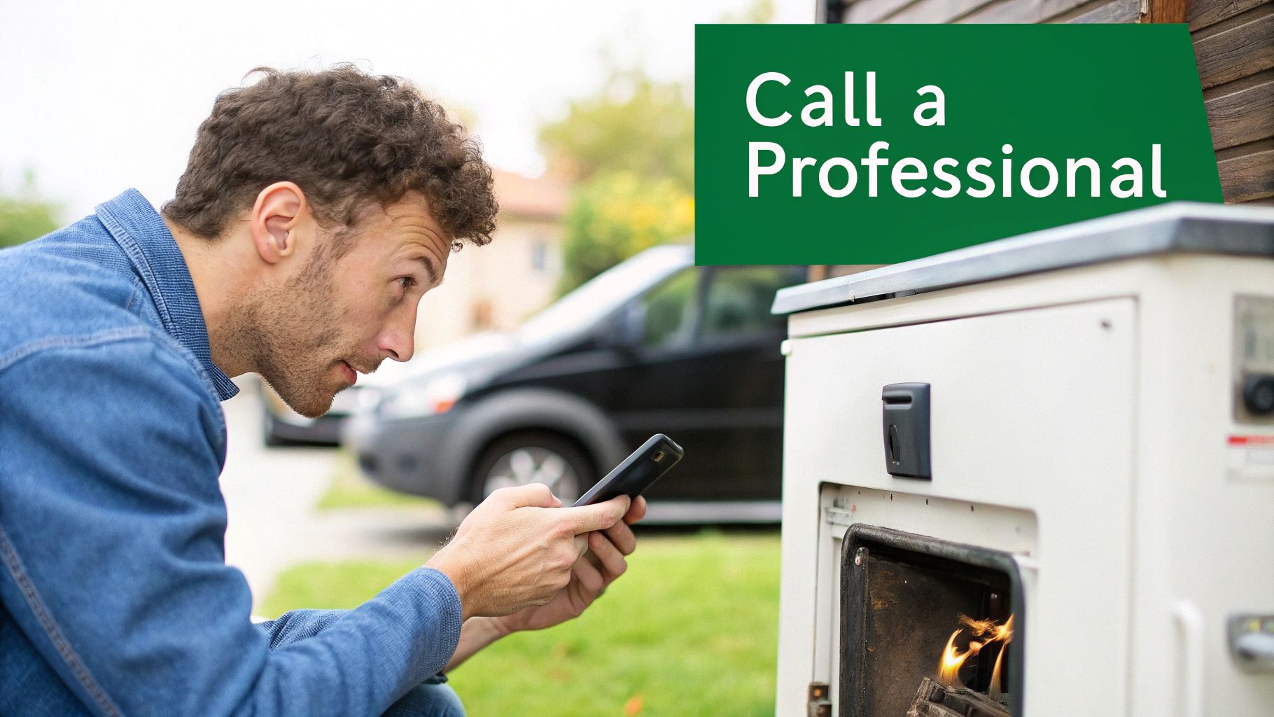 A man looks at his phone while a fire burns inside an outdoor furnace, with text 'Call a Professional'.