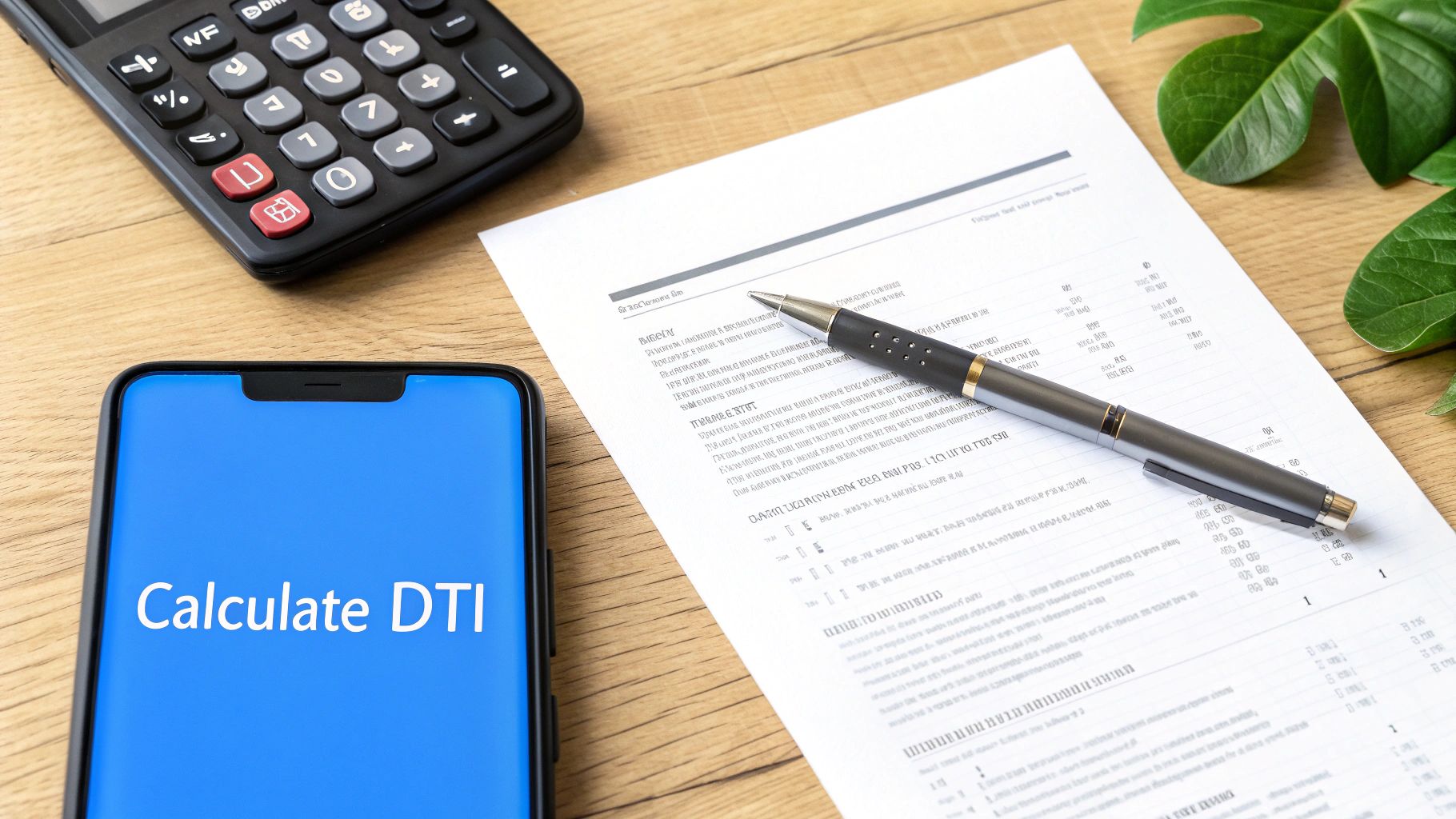 A desk with a smartphone showing 'Calculate DTI', a calculator, a pen, and financial documents.