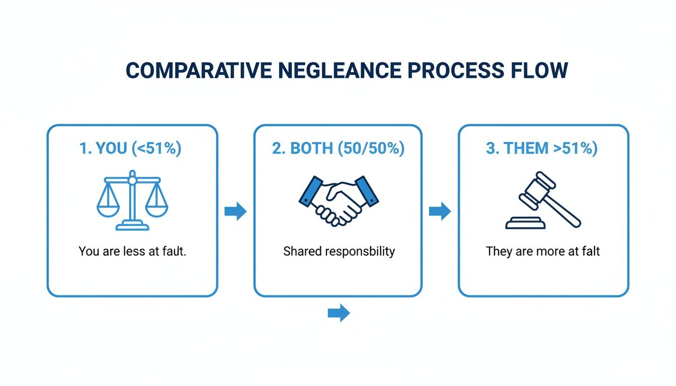 Diagram illustrating comparative negligence process for fault determination based on percentages: you, both, or them.