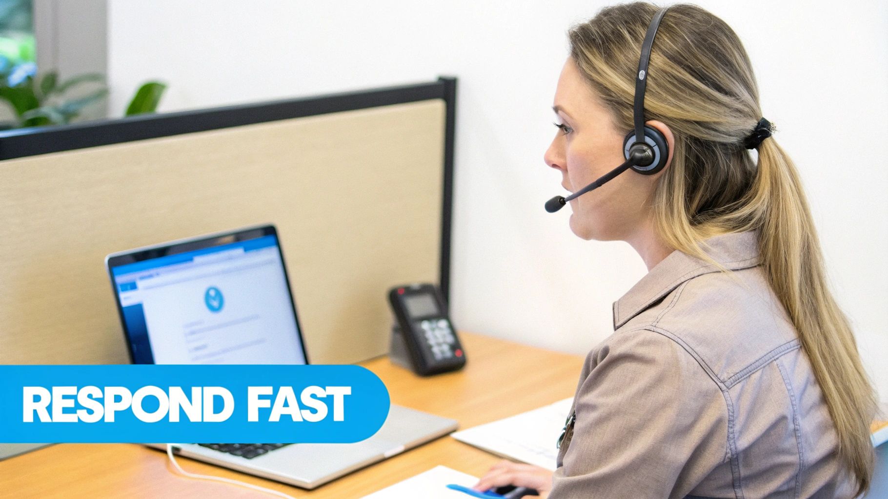 A focused woman wearing a headset works at a laptop in a modern call center office.