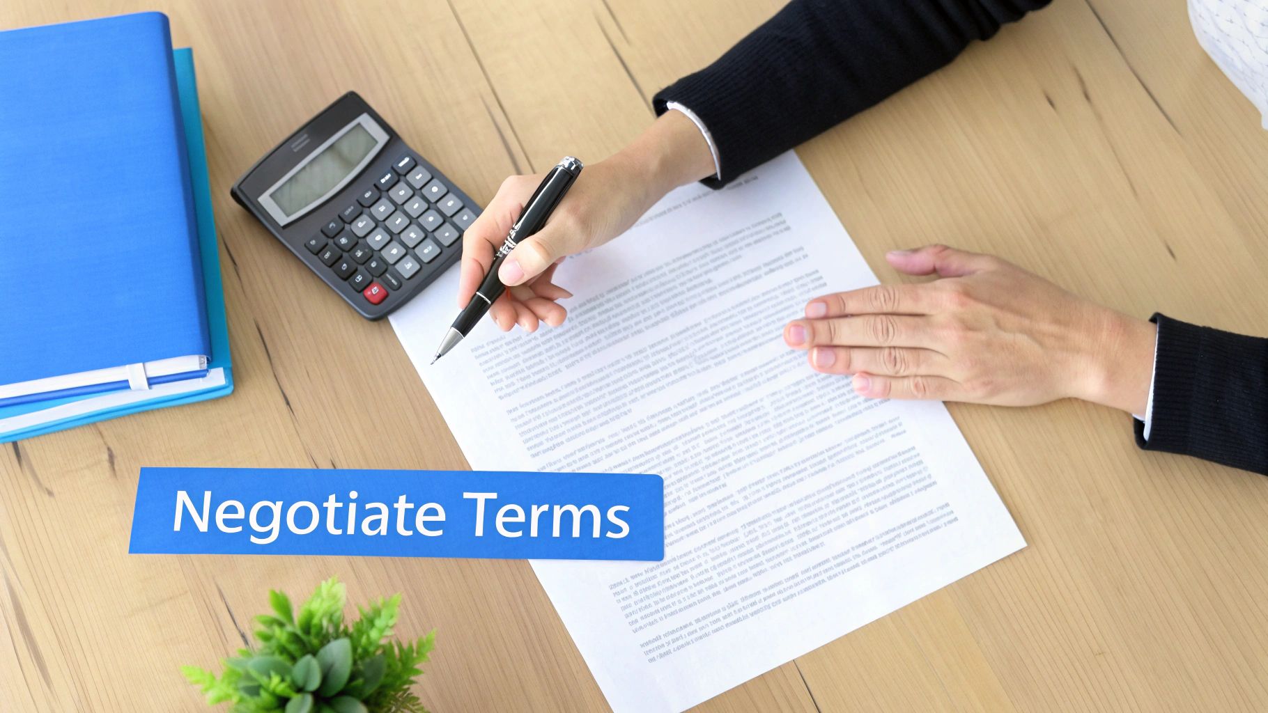 A person signing a document on a wooden desk with a calculator, folders, and a "Negotiate Terms" banner.