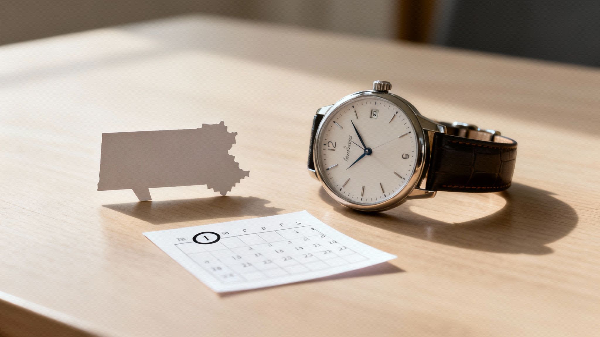 A watch, a calendar marking the first day, and a map of Pennsylvania on a table.