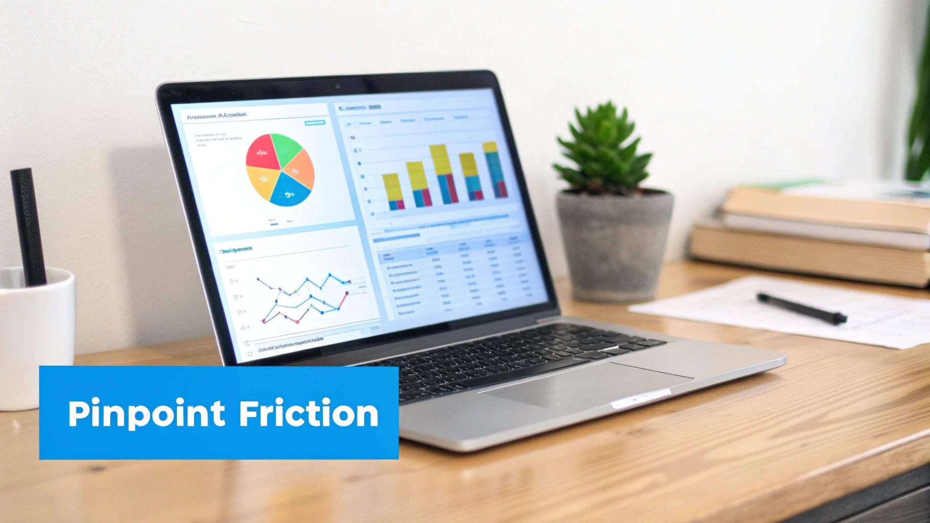 Laptop displaying a business analytics dashboard with charts and graphs on a wooden desk with office items.