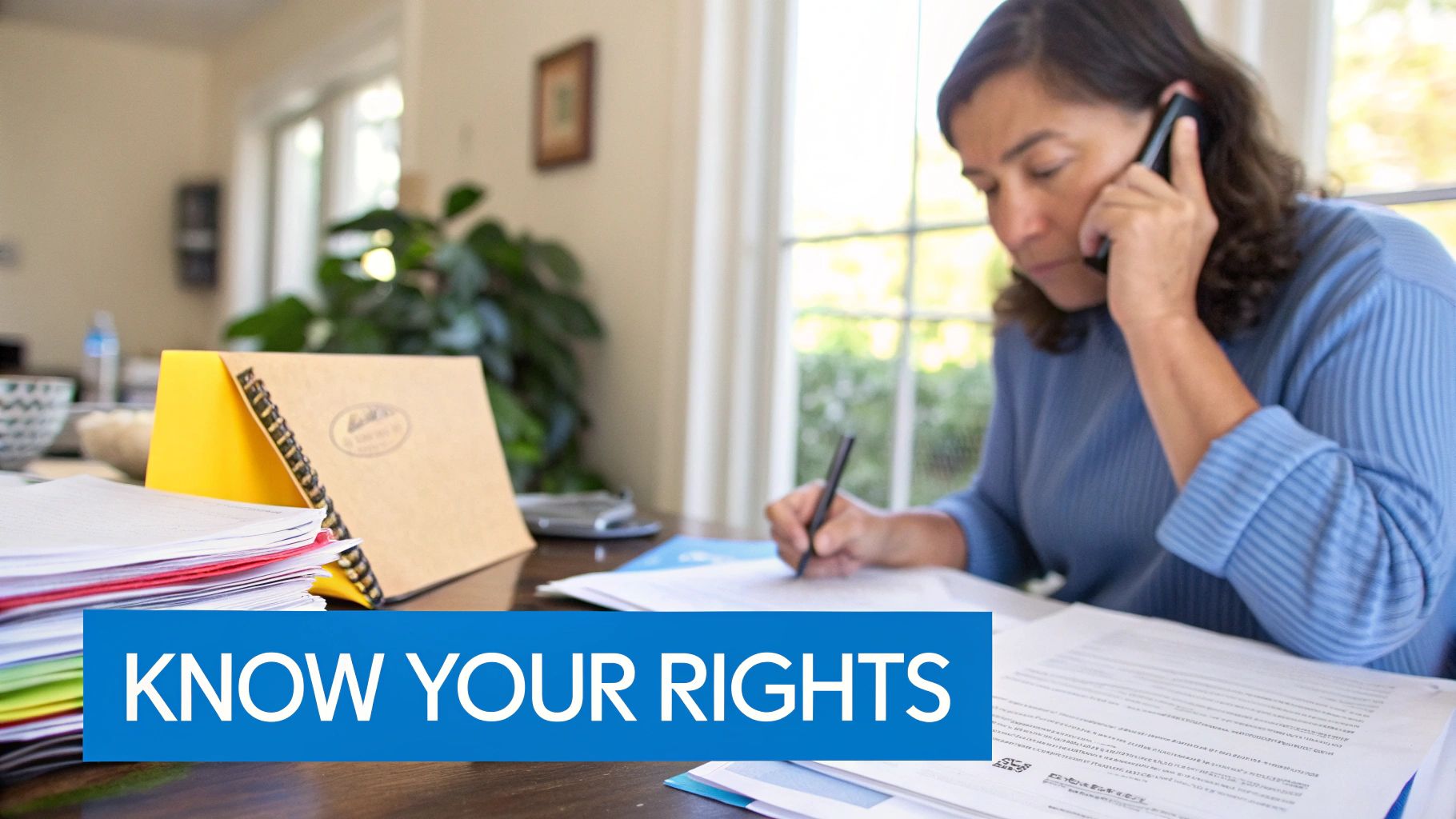 Woman on phone reviewing documents and writing at a desk with a 'KNOW YOUR RIGHTS' banner.