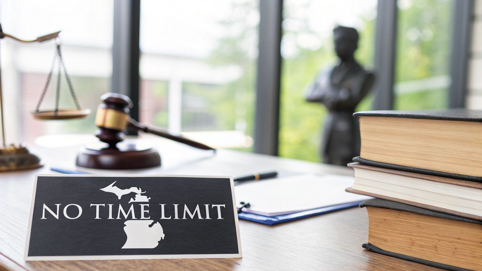 Legal desk setup with scales of justice, gavel, law books, and a "NO TIME LIMIT" sign featuring Michigan.