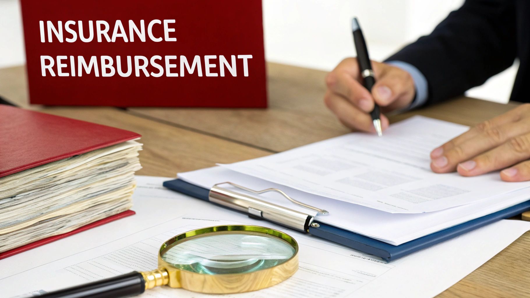 A person signs insurance reimbursement documents on a desk, next to a magnifying glass and stack of papers.