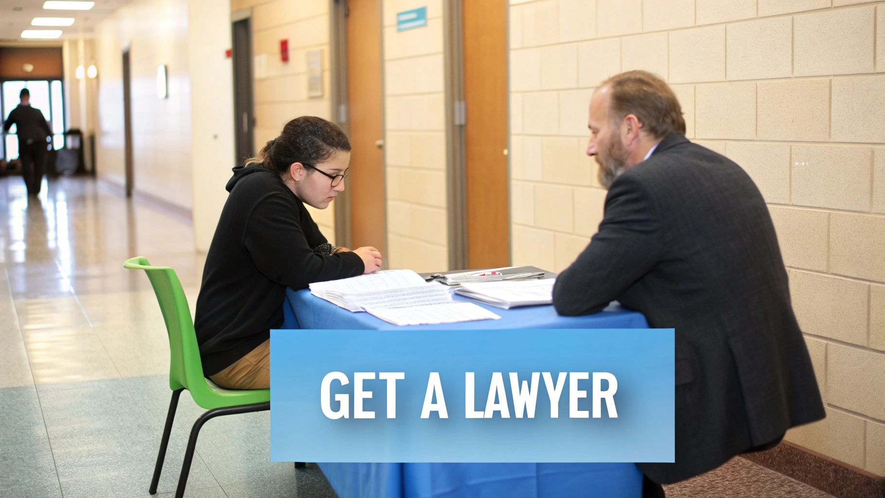 A young client with glasses consulting a lawyer at a table, discussing legal documents.