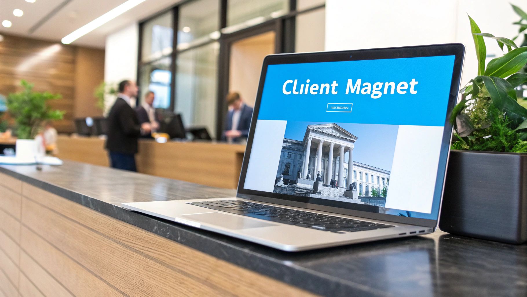 Laptop displaying 'Client Magnet' website with a classical building on a reception desk in an office.