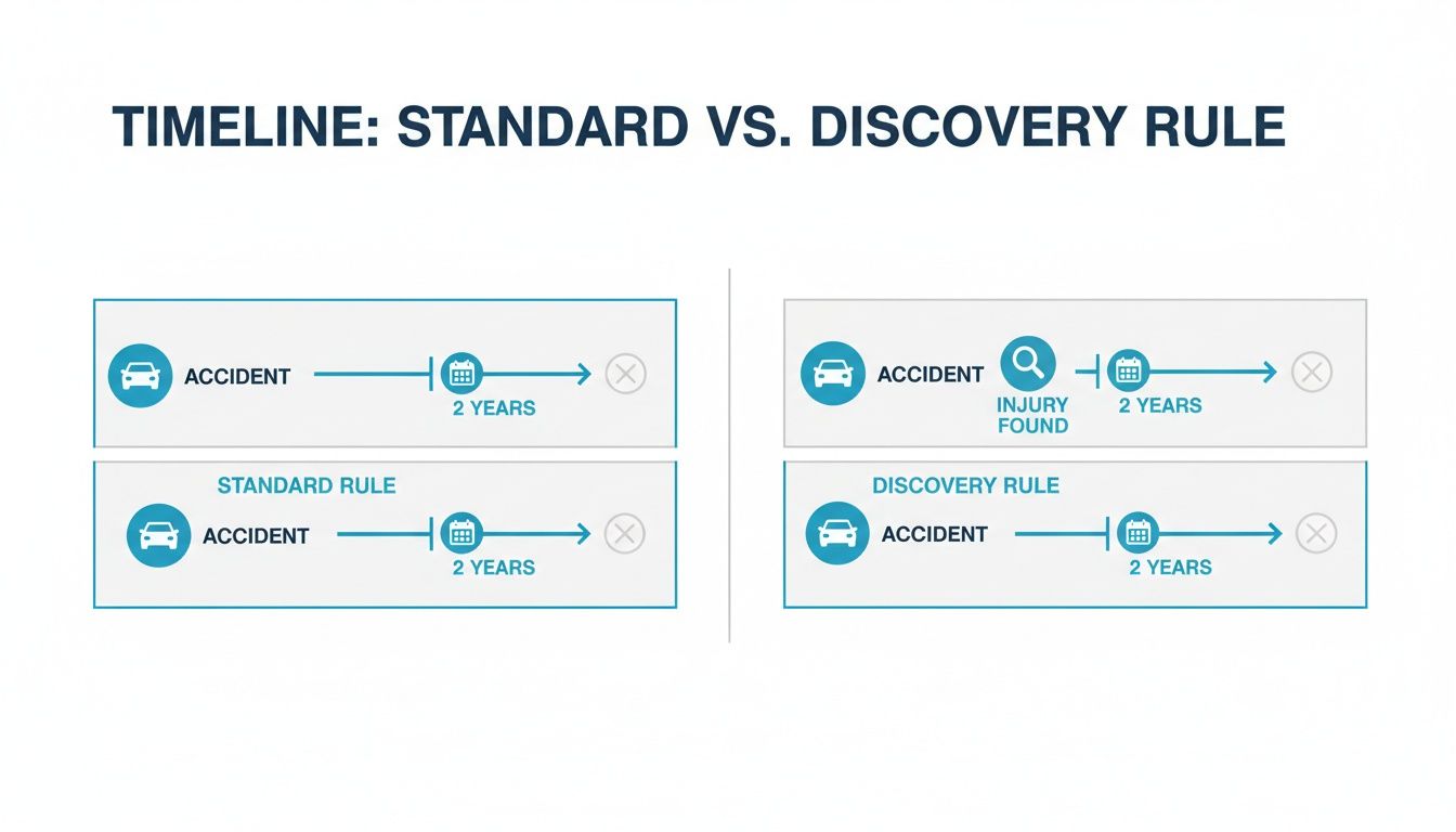 Timeline graphic comparing Standard Rule and Discovery Rule for accident and injury claims.