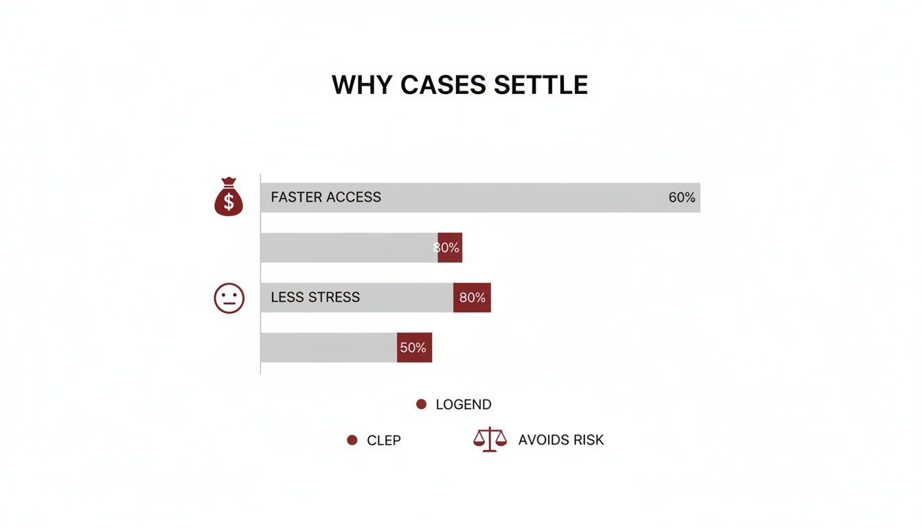 Bar chart showing why cases settle, highlighting faster access, less stress, and avoiding risk factors.