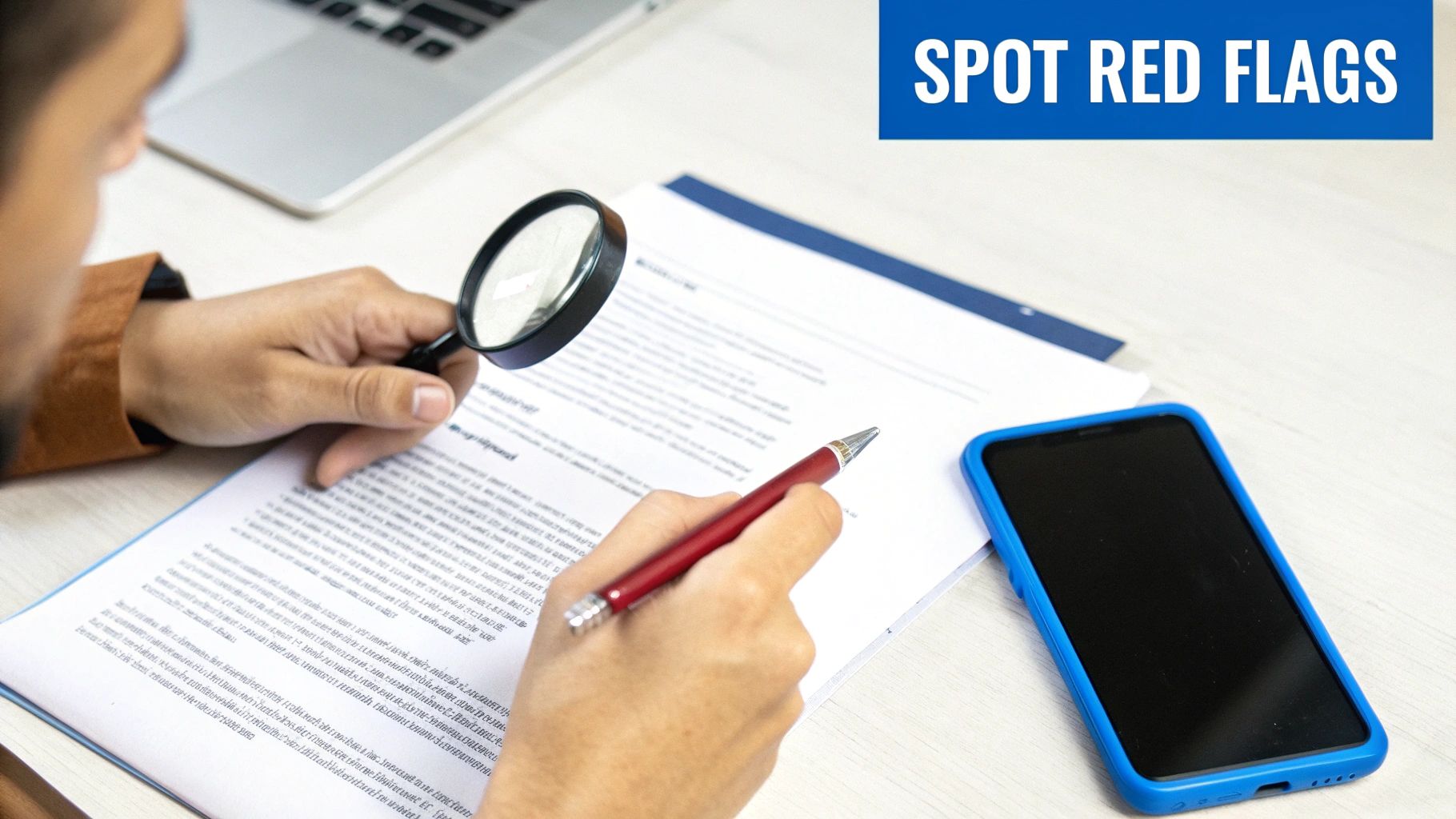 Person examining documents with a magnifying glass and a pen, a phone, and a laptop on a desk, with text 'SPOT RED FLAGS'.