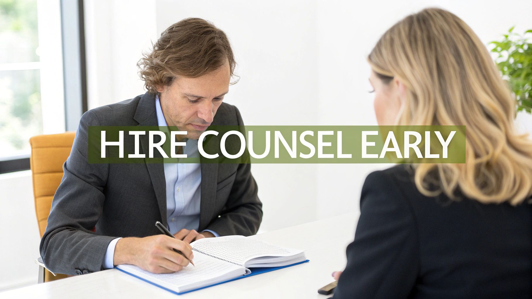 Two professionals, one writing, discussing matters with a 'HIRE COUNSEL EARLY' text overlay.