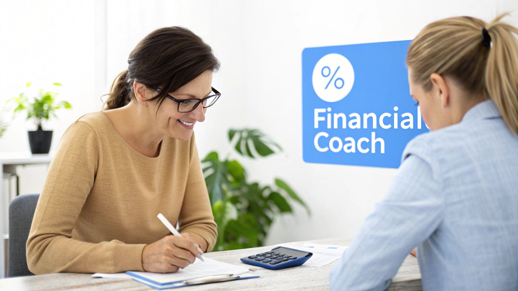 A smiling financial coach assists a client with financial planning documents, in an office setting.