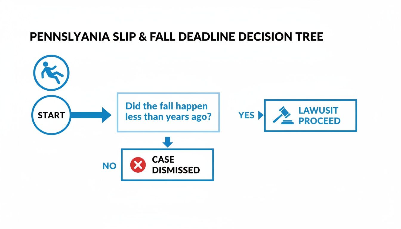 Flowchart detailing the Pennsylvania slip and fall deadline decision tree, indicating when to proceed with a lawsuit.