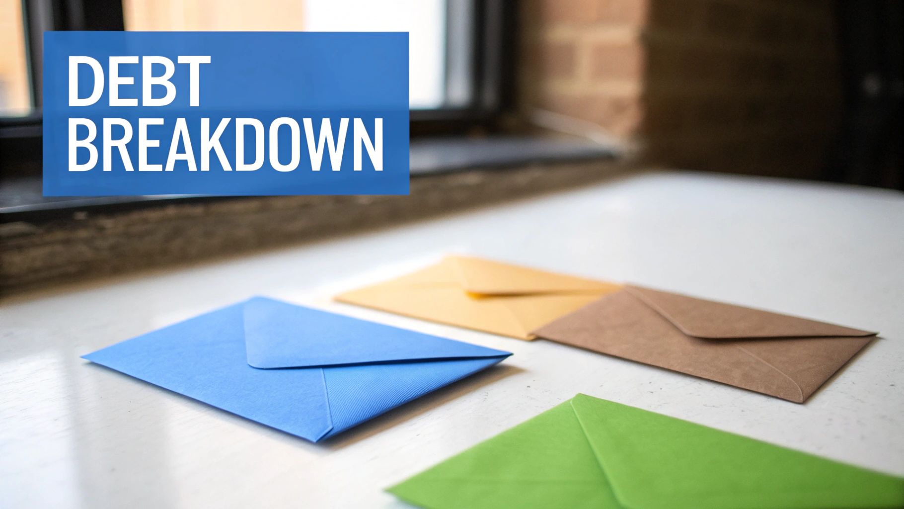 A blue banner with "DEBT BREAKDOWN" text floats above colorful envelopes on a white surface, symbolizing financial planning.