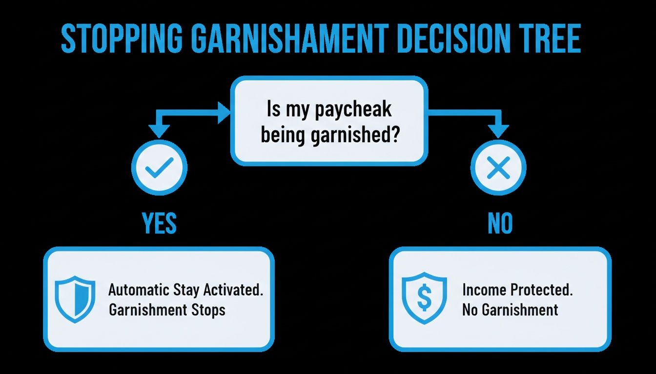 A decision tree flow chart illustrating how to stop wage garnishment, with outcomes for garnished paychecks.
