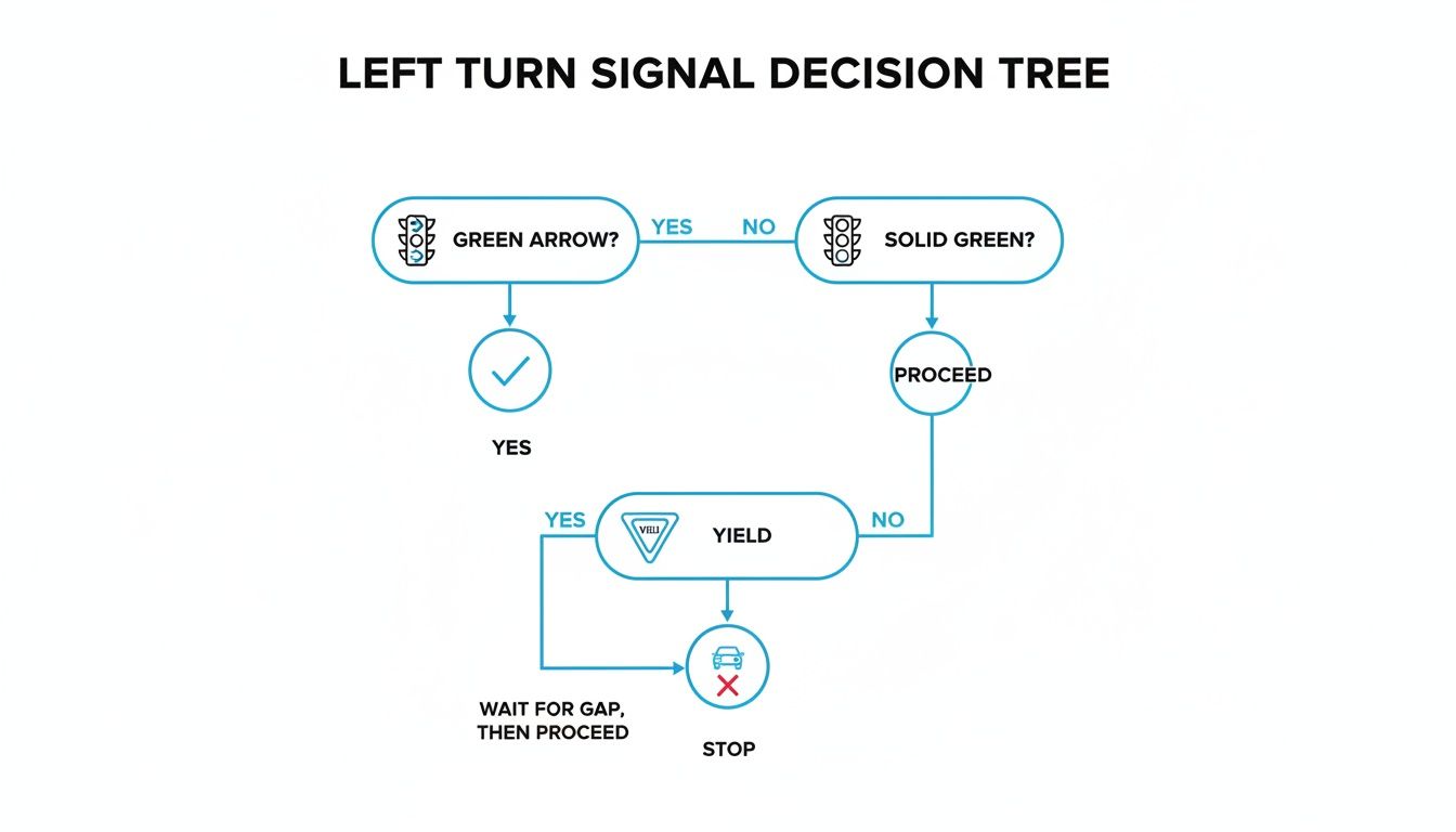 A flowchart illustrating the decision process for making a left turn based on traffic signals.