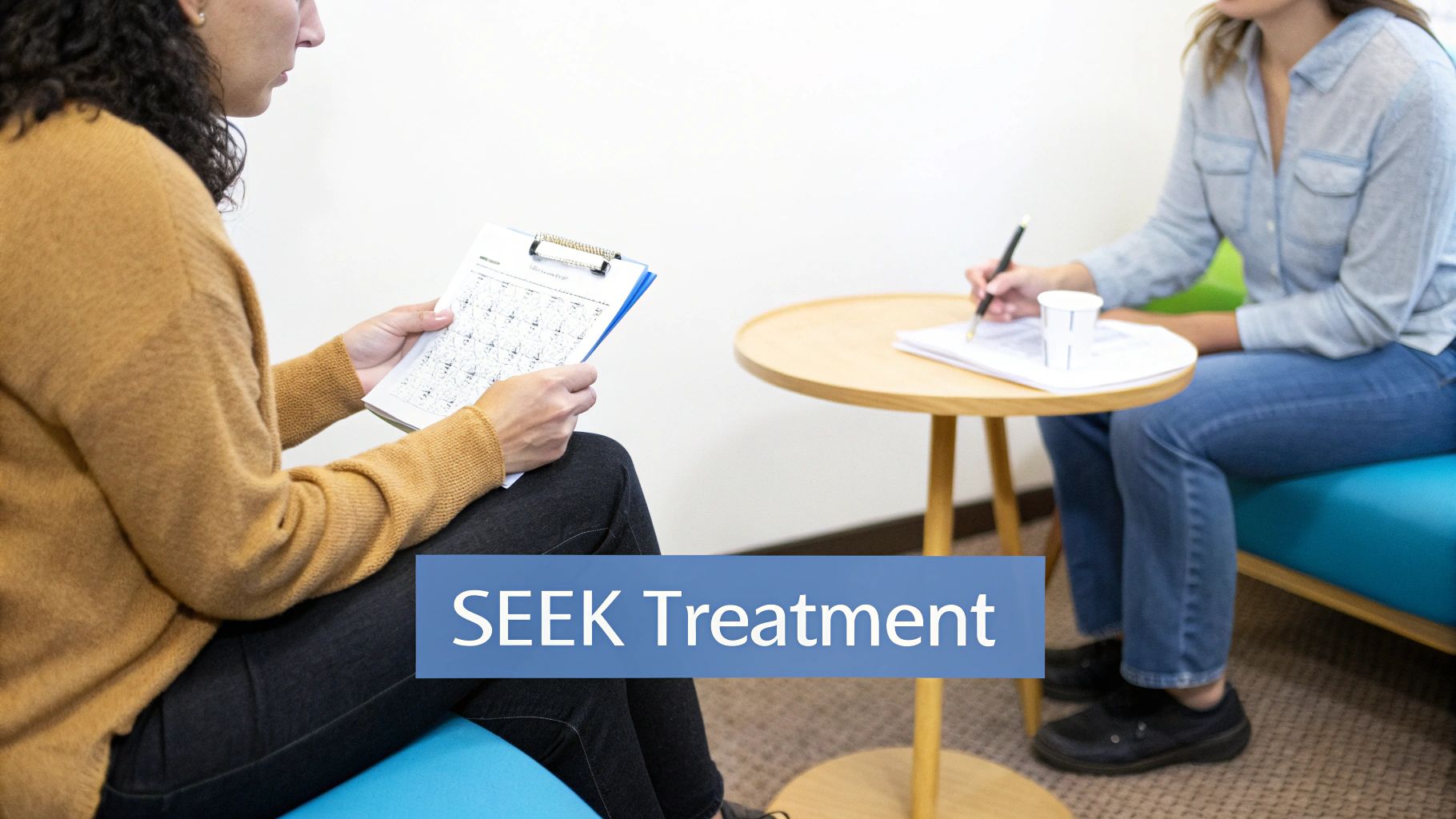 Dos mujeres en una sesión de asesoramiento, una revisando un documento, la otra escribiendo notas, con el texto 'BUSCAR Tratamiento'.