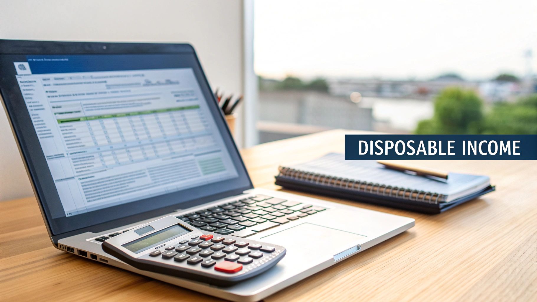 A calculator and laptop with financial data on screen, overlaid with 'DISPOSABLE INCOME' banner, representing personal finance.