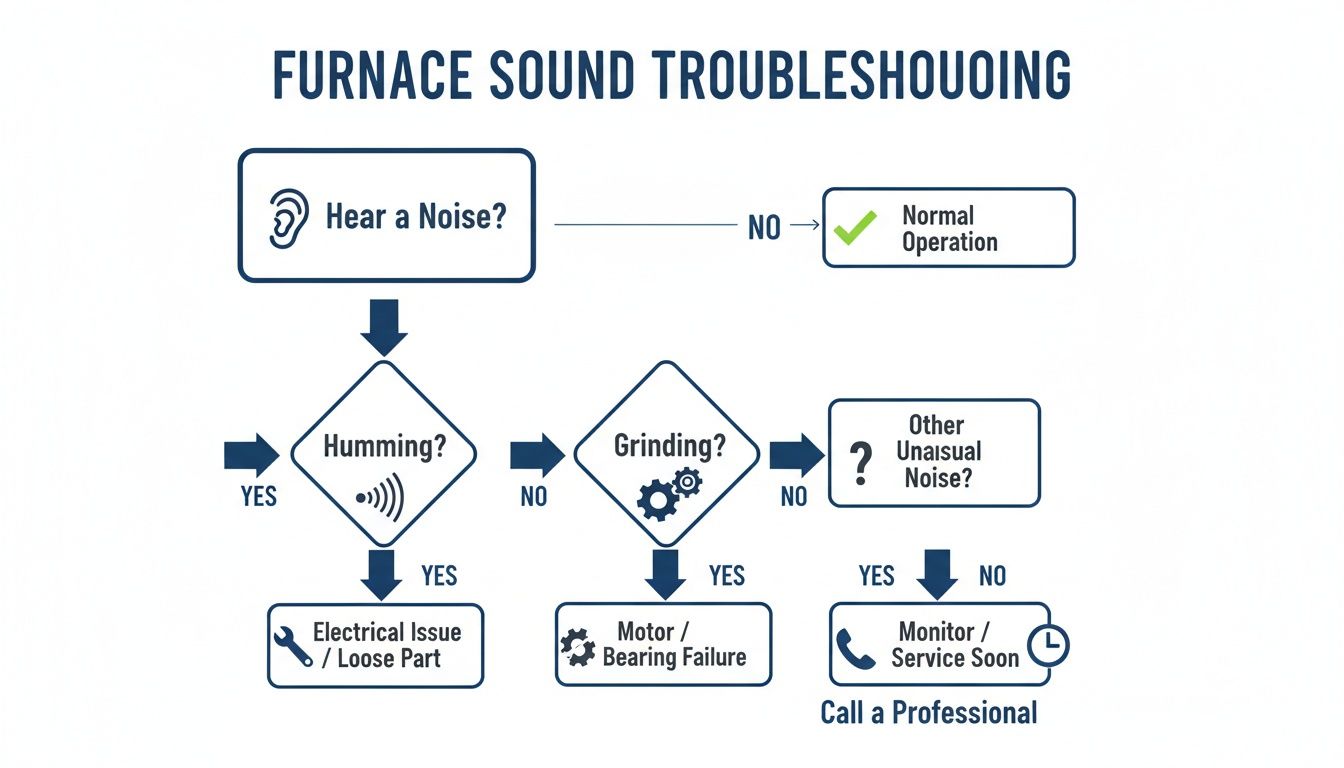 Furnace sound troubleshooting flowchart diagnosing humming, grinding, and other unusual noises.