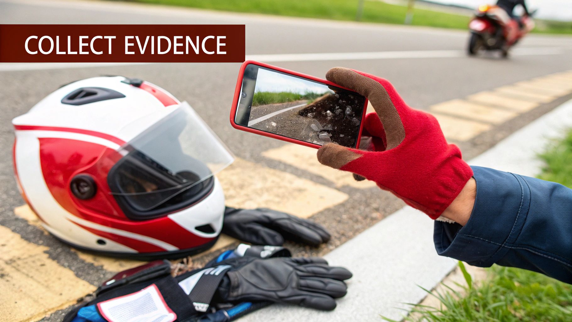 A gloved hand uses a smartphone to photograph a motorcycle helmet and debris on the road, emphasizing collecting accident evidence.
