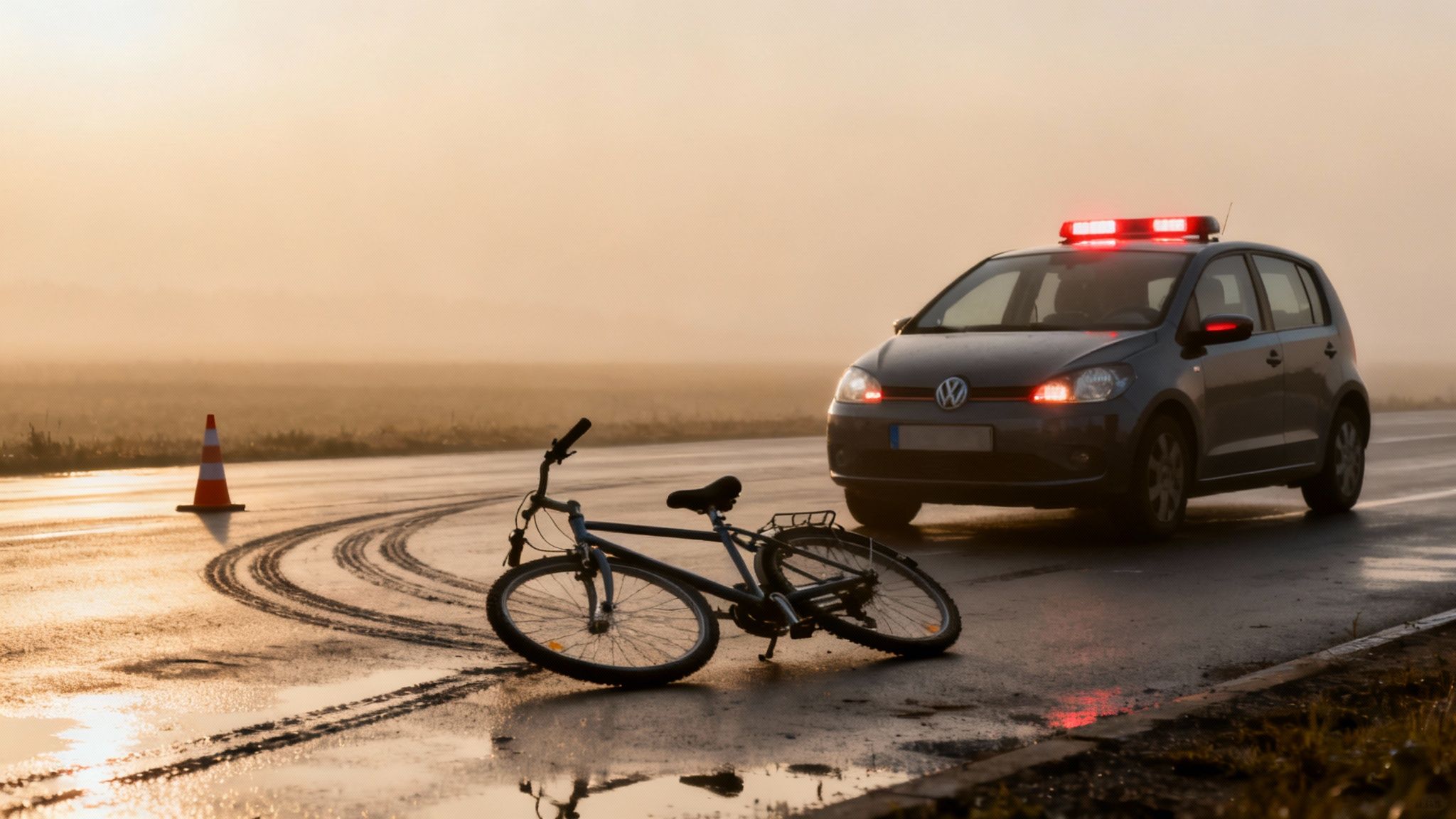 An emergency vehicle with flashing lights and a fallen bicycle on a wet road at dawn, indicating an accident.