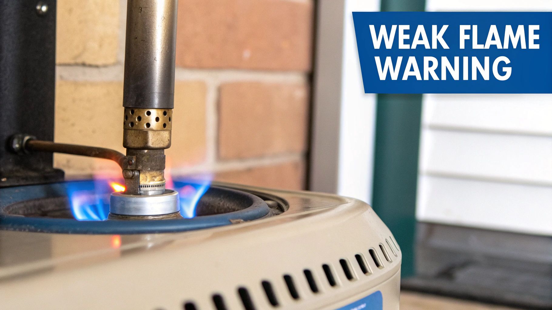 Close-up of a gas heater burner showing a weak blue flame, with a 'Weak Flame Warning' banner.