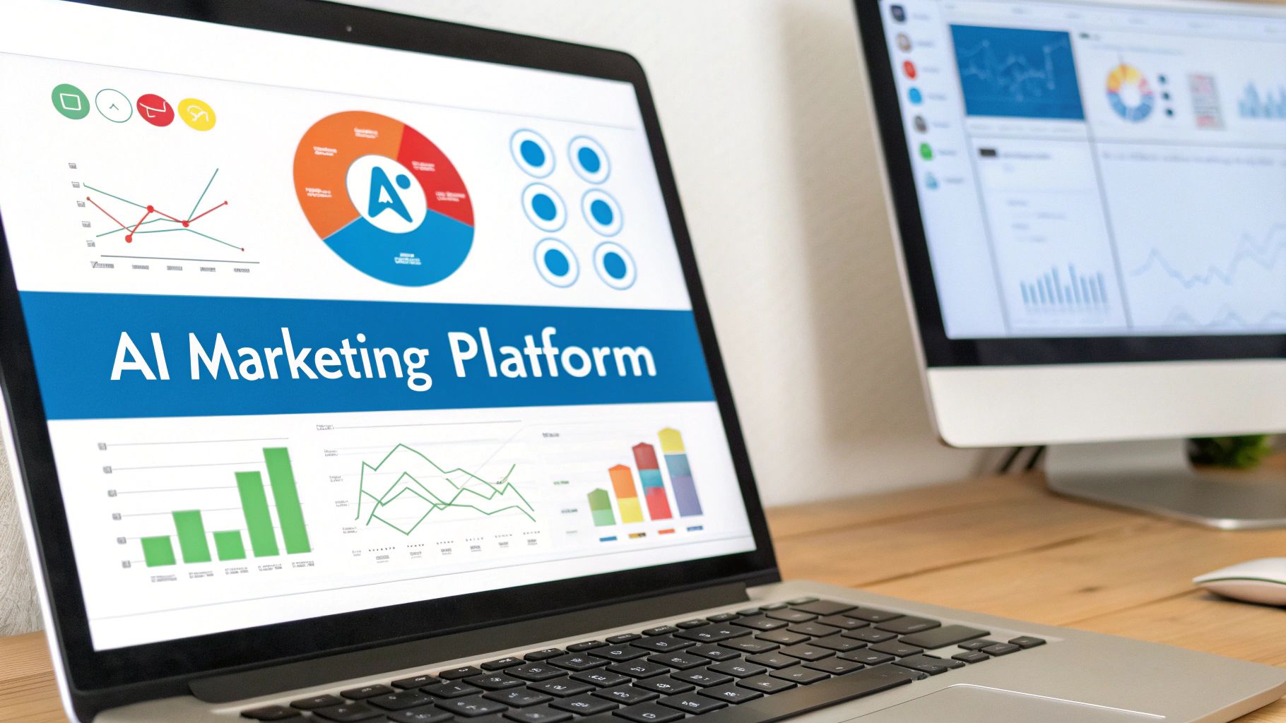 A laptop and desktop screen display an AI Marketing Platform dashboard with data analytics and graphs.