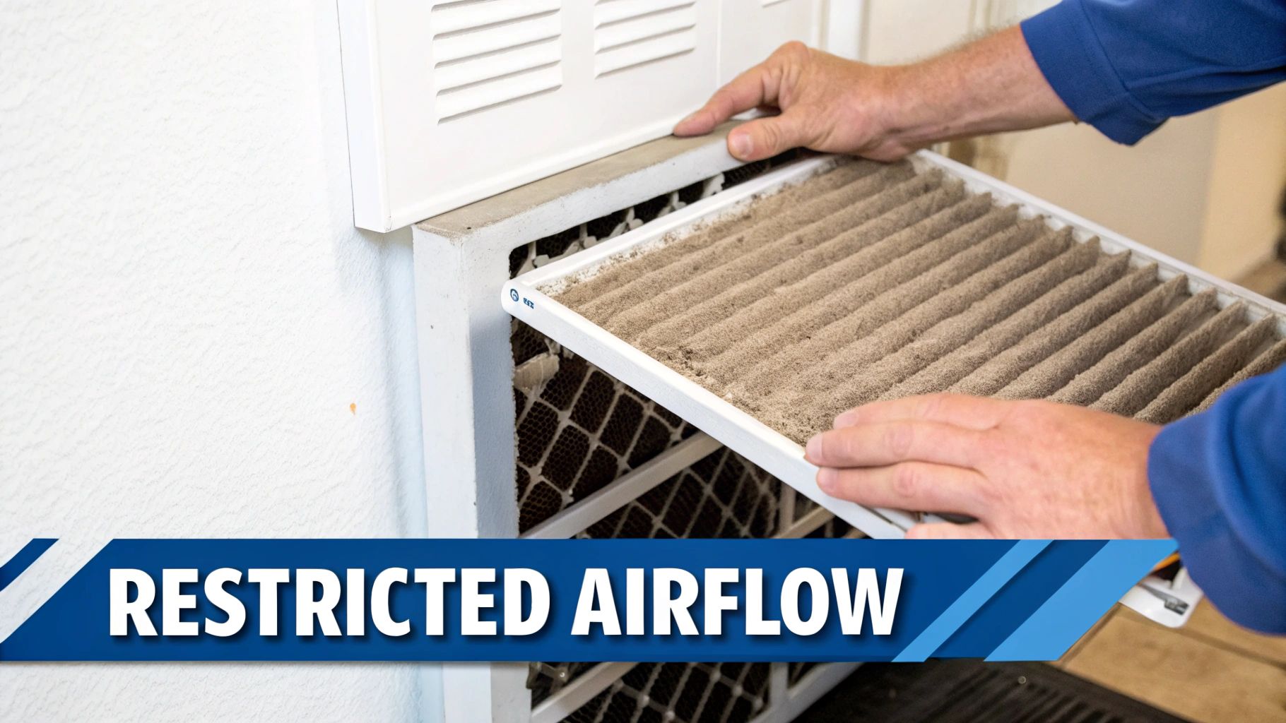 A person's hands removing a heavily clogged and dirty furnace filter, indicating restricted airflow.