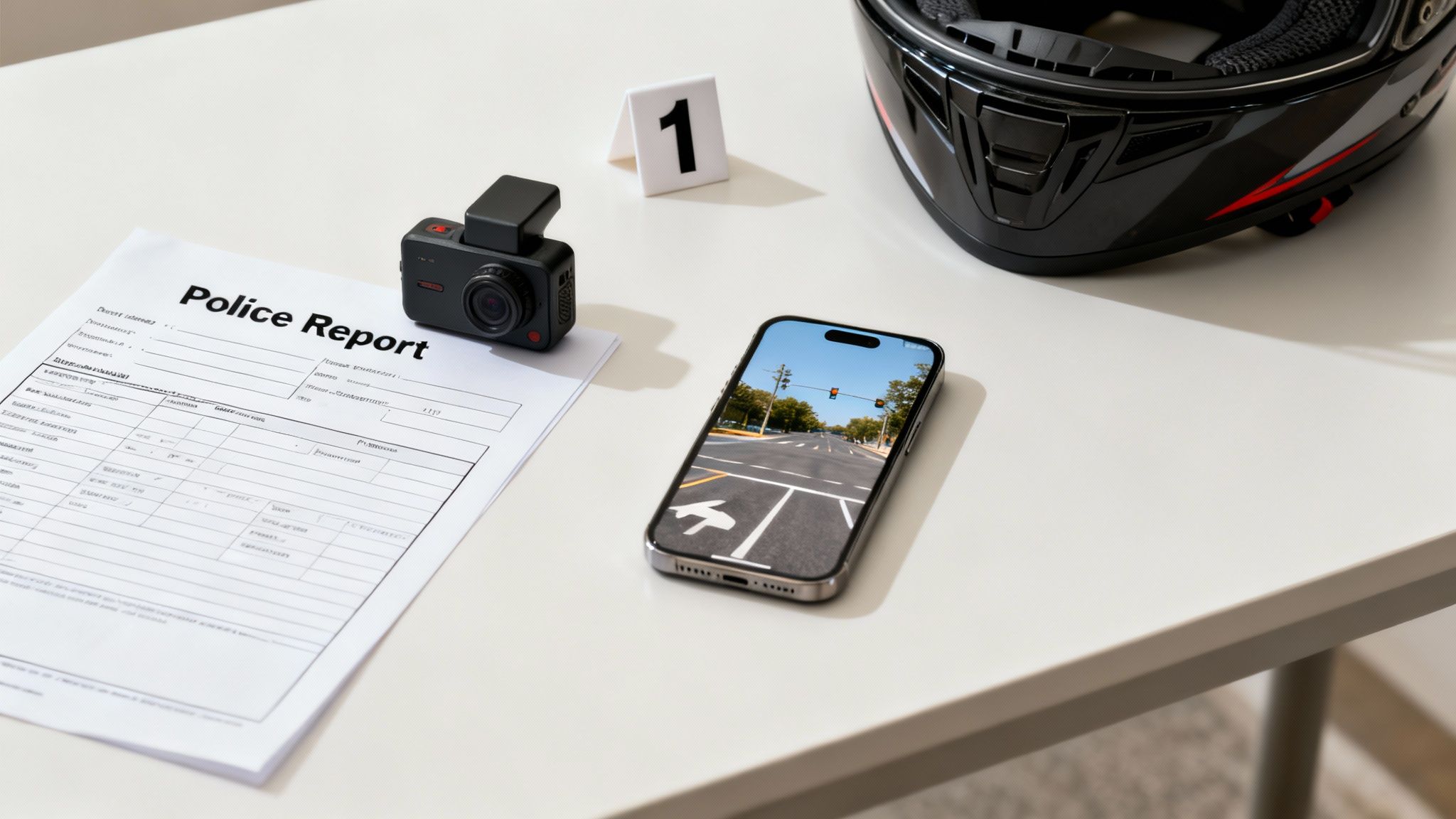 Police report, dashcam, motorcycle helmet, and a smartphone displaying a traffic accident scene.