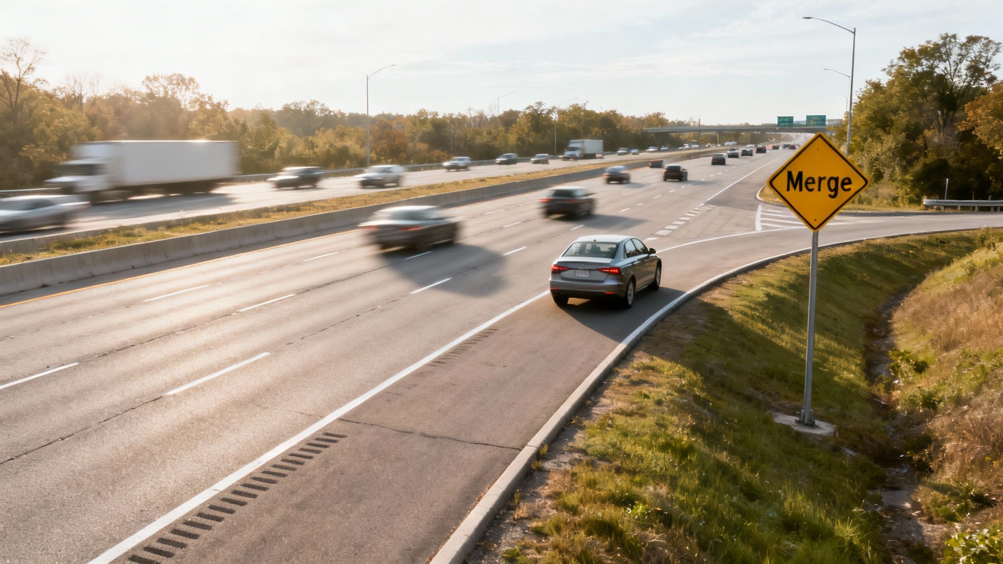 A busy highway with blurred cars, a merge sign on an on-ramp, and green foliage.