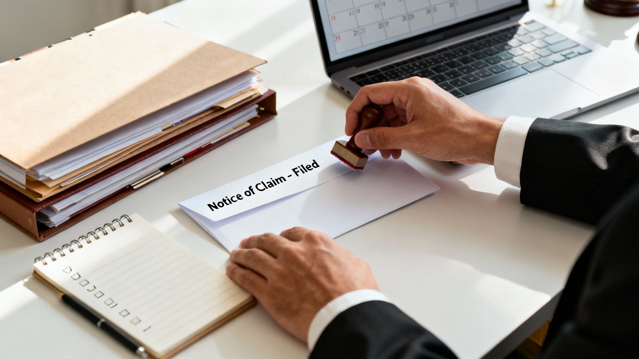 A person in a suit stamps a document that reads 'Notice of Claim - Filed' on an office desk.
