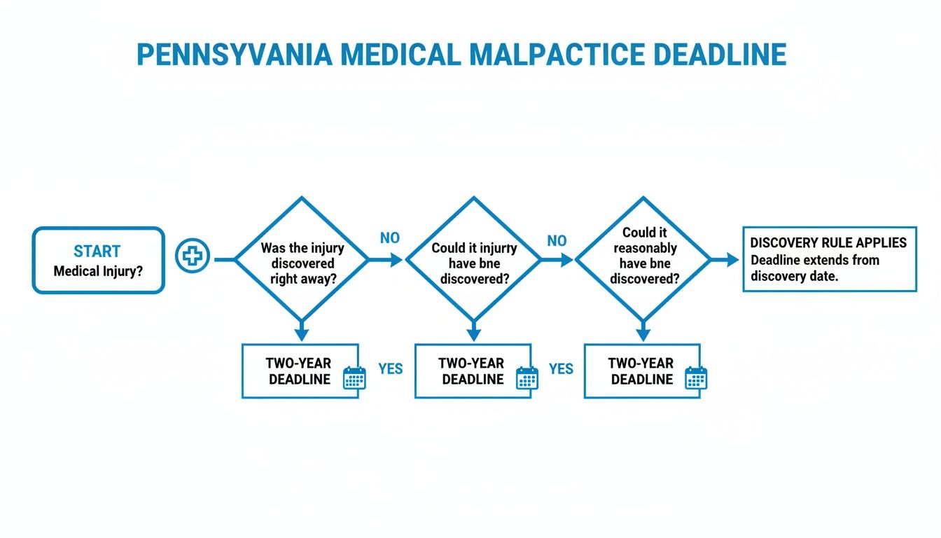 Flowchart outlining Pennsylvania medical malpractice deadlines, including the two-year deadline and the discovery rule.