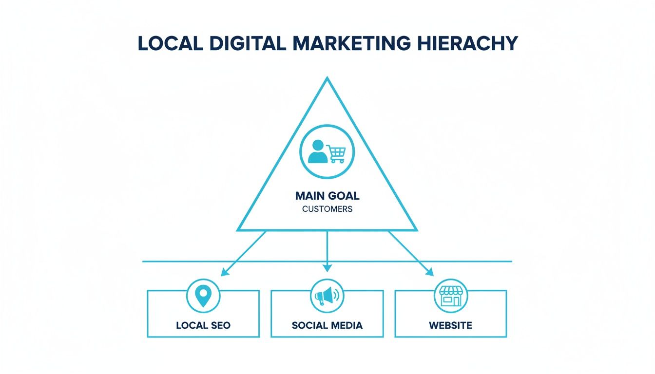 A hierarchy chart showing local digital marketing strategies focused on customers, including Local SEO, Social Media, and Website.