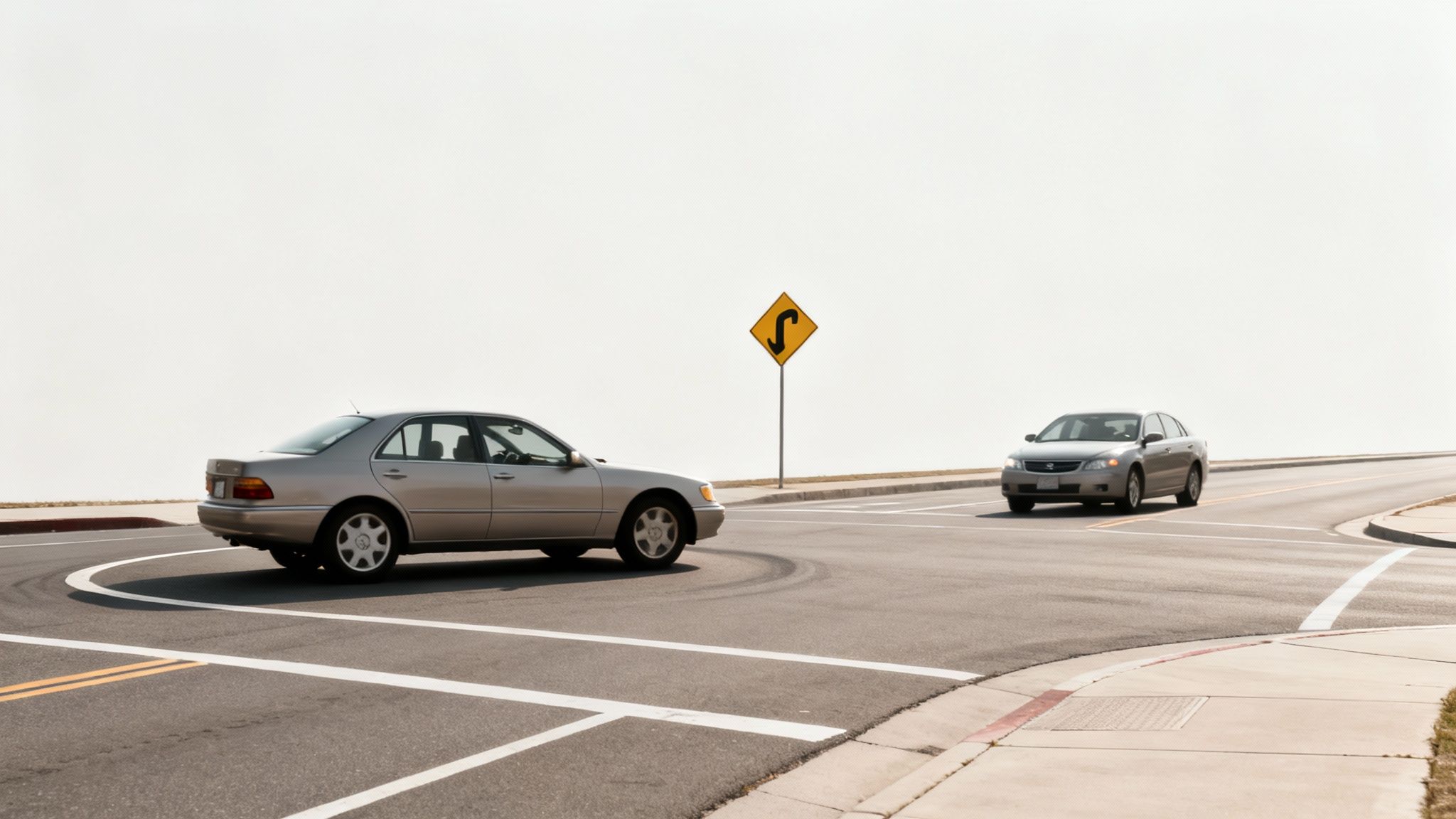 Two cars on a road, one making a U-turn at an intersection with a road sign.