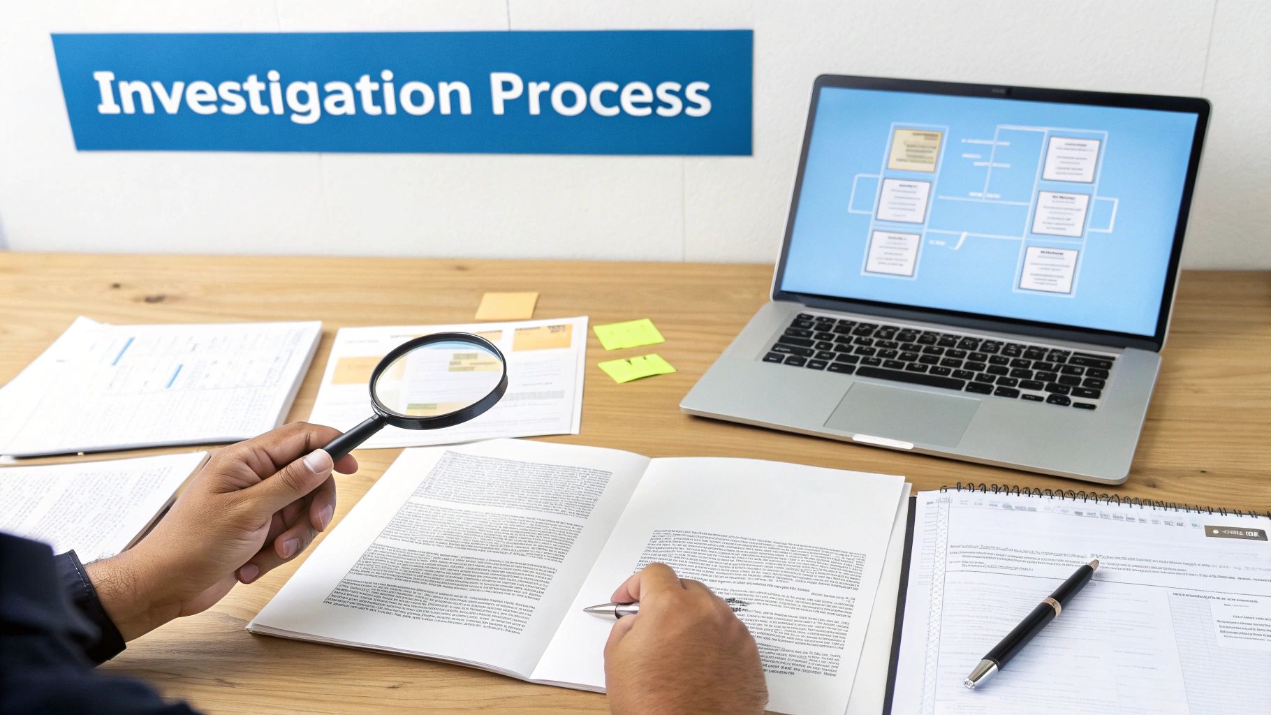 Una persona estudia documentos con una lupa y un bolígrafo, mientras una computadora portátil muestra un diagrama y un cartel que dice "Proceso de investigación".