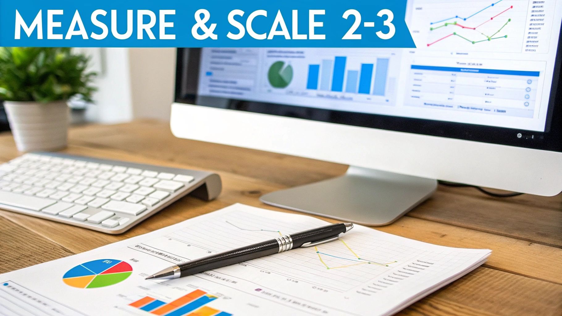 Desk with computer, documents, and a pen, displaying business analytics and financial charts.
