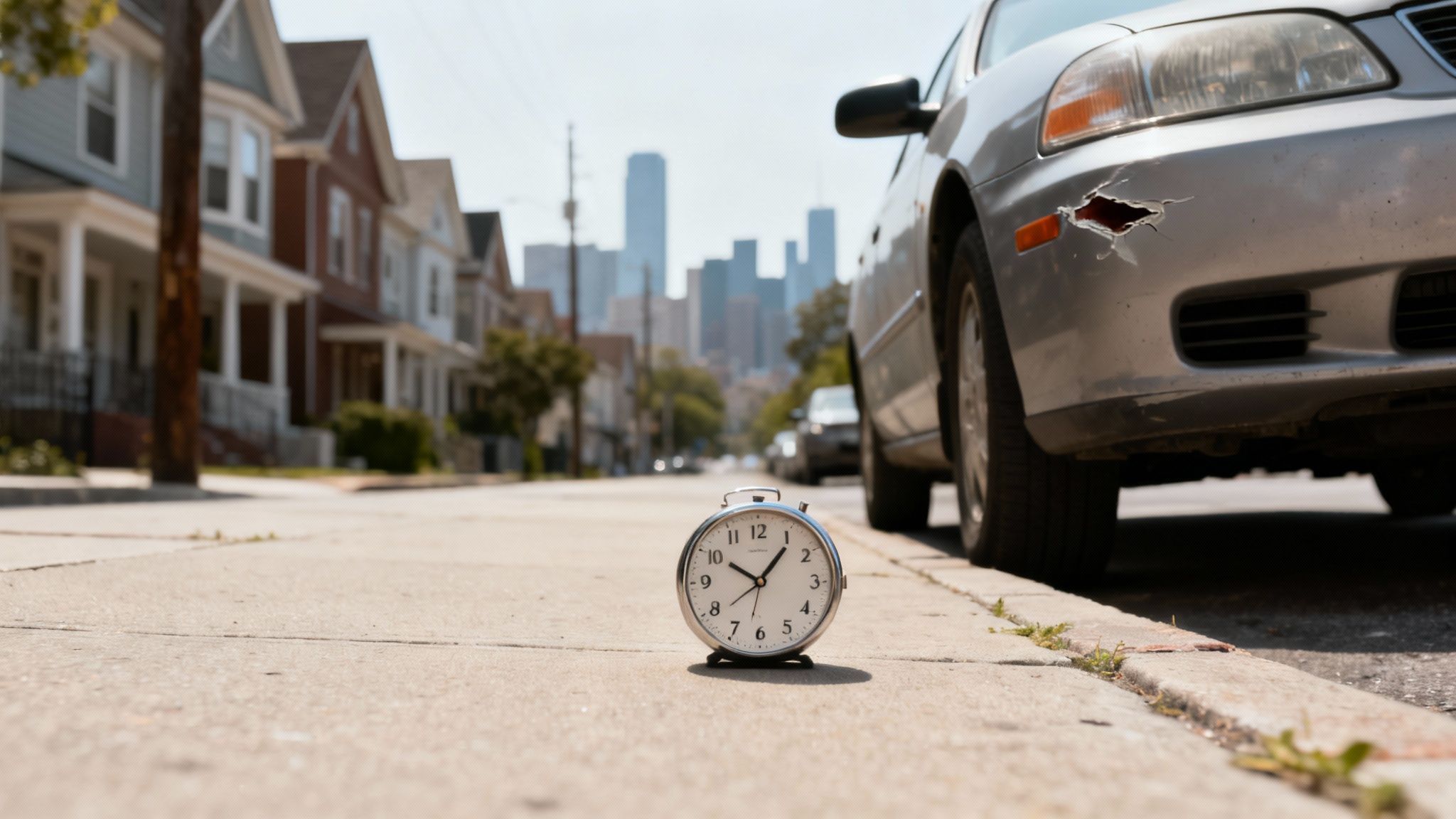 An alarm clock sits on a sidewalk next to a silver car with a damaged bumper.