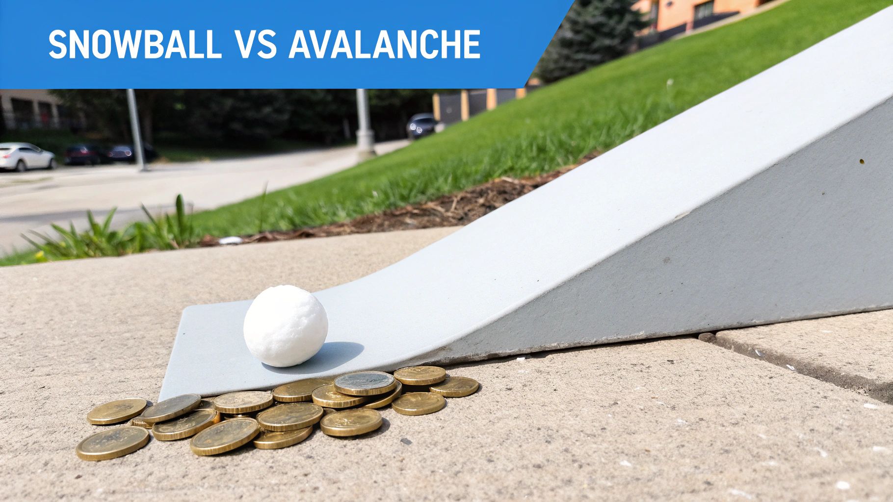 A white snowball rests on a grey ramp, with gold coins spread on the concrete, illustrating debt concepts.