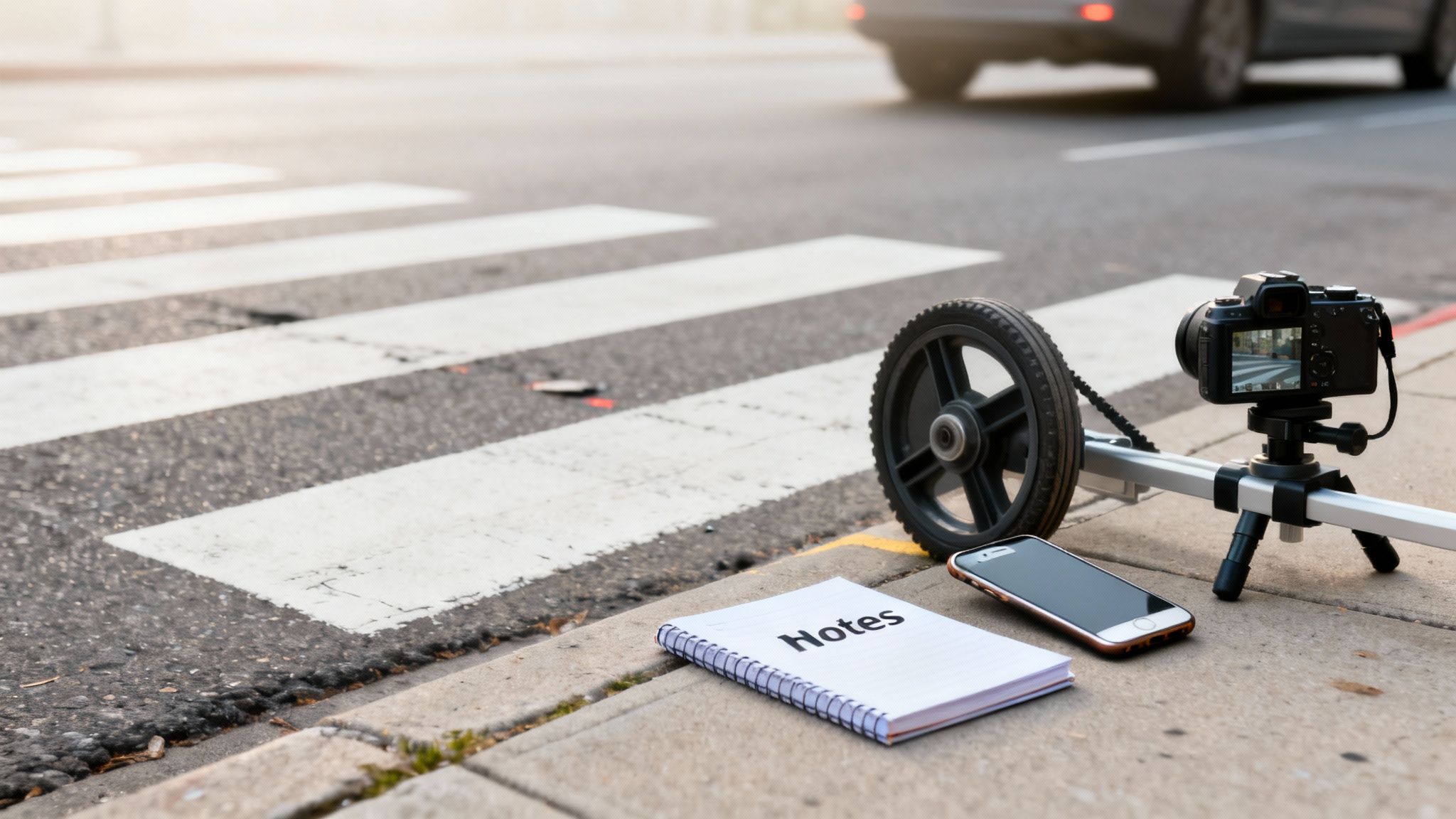 Camera on a dolly, smartphone, and notebook on a sidewalk by a crosswalk with a car.