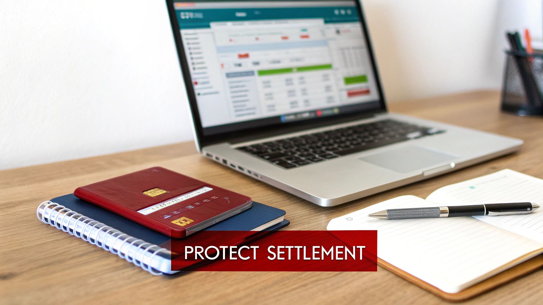 A laptop screen showing financial data with a card holder and notebook on a wooden desk, emphasizing settlement protection.
